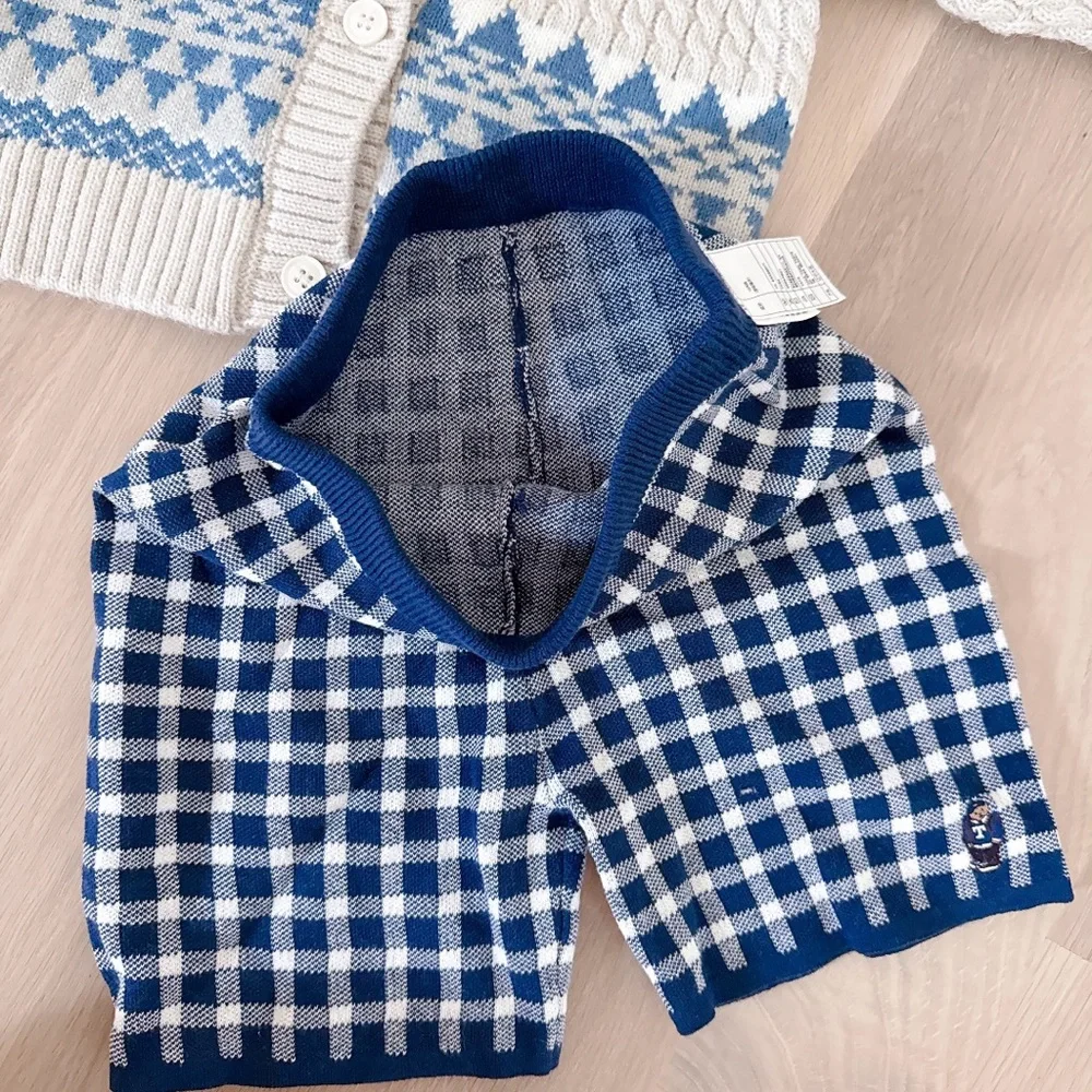 Hand-knit toddler/baby wool fair isle holiday cardigan and cotton plaid shorts